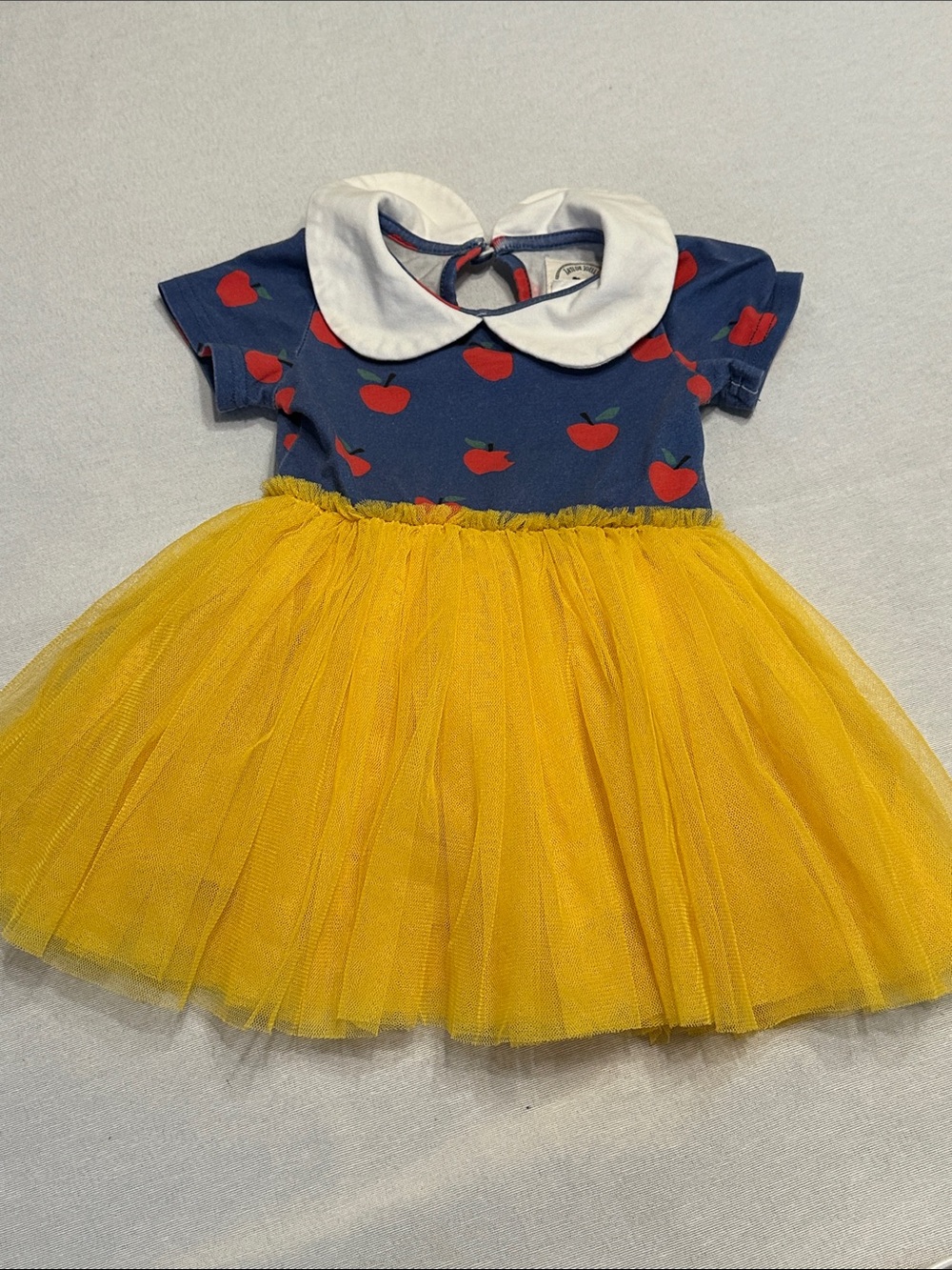 Taylor Joelle Snow White Inspired Navy Apple Print Dress with Yellow Tulle Skirt